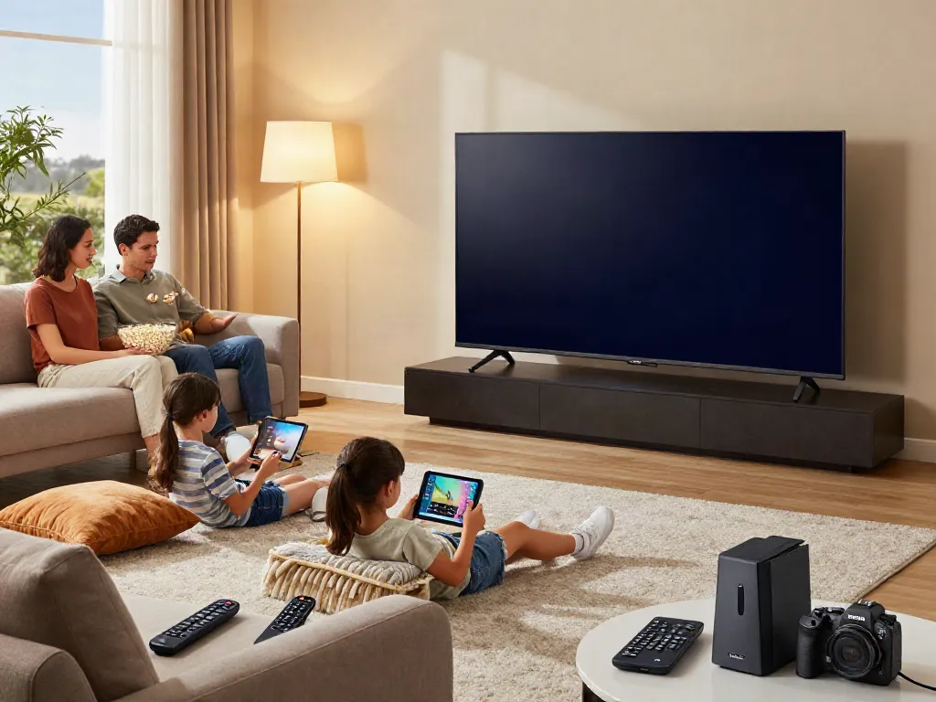 Famille utilisant l'application atlas pro pour regarder des films et des séries dans un salon moderne.