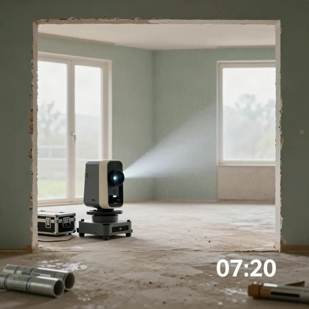 Scanner laser 3D, caisses et tubes de plans dans un plateau vide après la pluie.