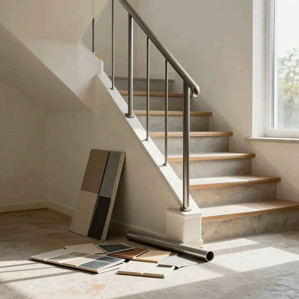 Escalier rénové avec tubes de plans et échantillons de finition sur le sol, vu d’en bas.