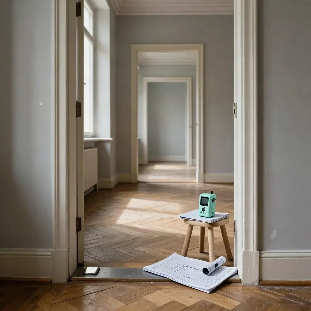 Appartement vide en enfilade, parquet ancien et dossier de relevé sur un tabouret.