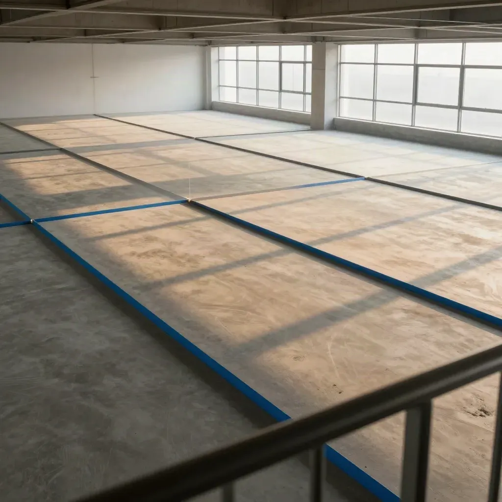 Plateforme commerciale vide vue en hauteur, lignes de métrés et lumière matinale.