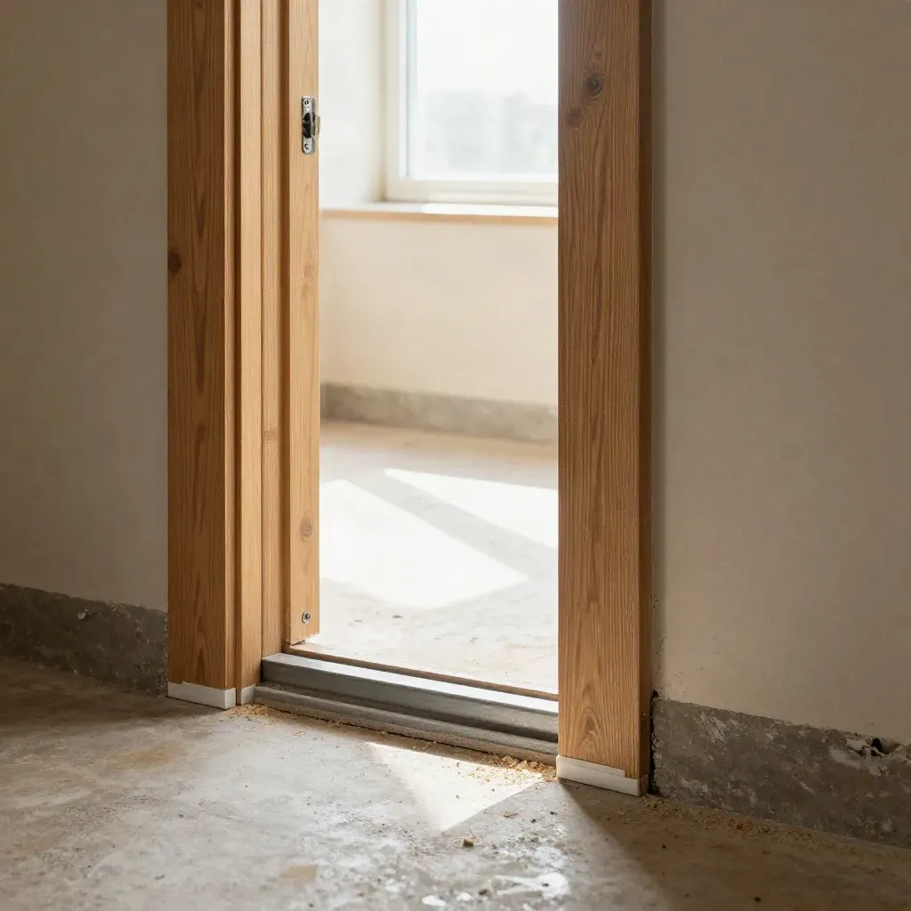 Ouverture intérieure neuve, cales discrètes et poussière fine, lumière rasante de chantier.