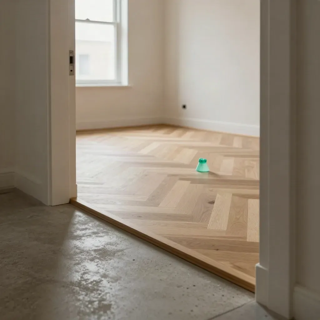 Séjour vide avec parquet et béton, angles de murs et lumière douce d’après-midi.