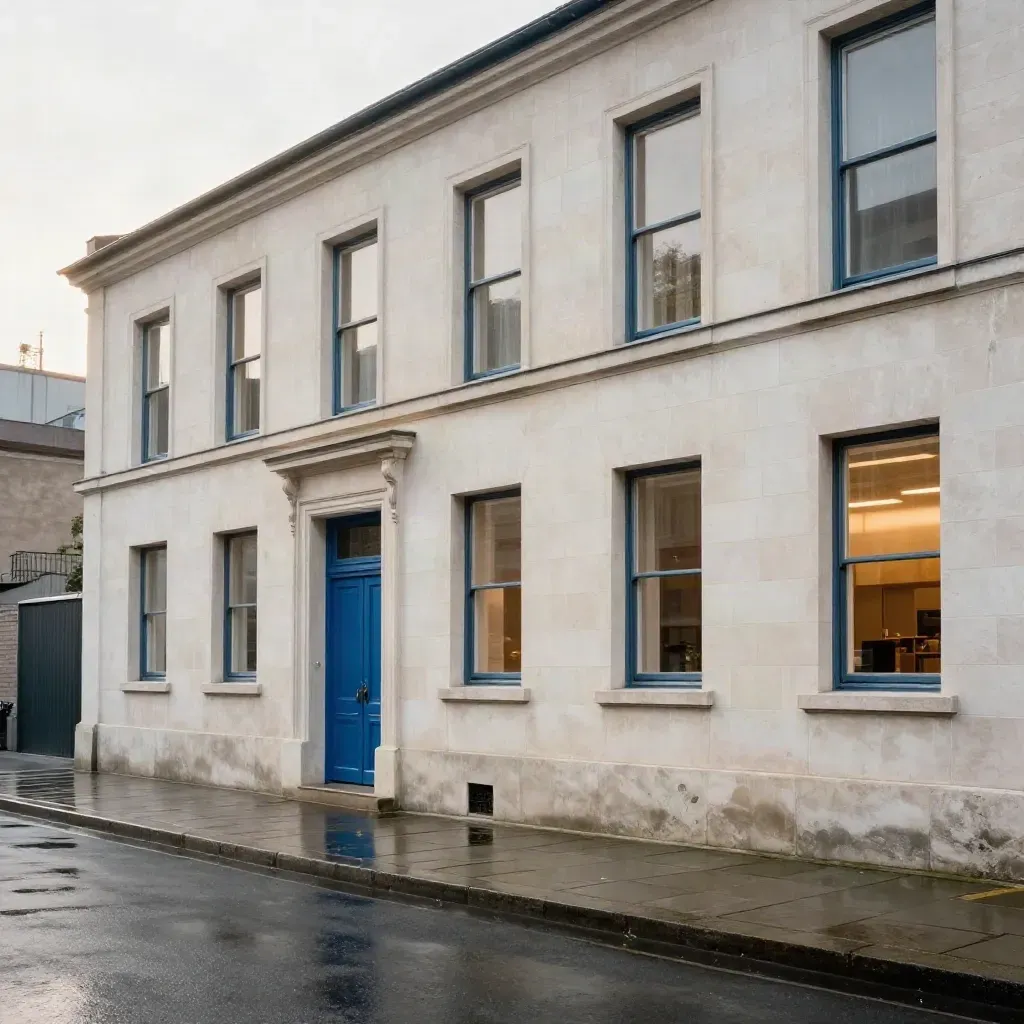 Façade en pierre mouillée, baies alignées et porte bleu pétrole après la pluie.