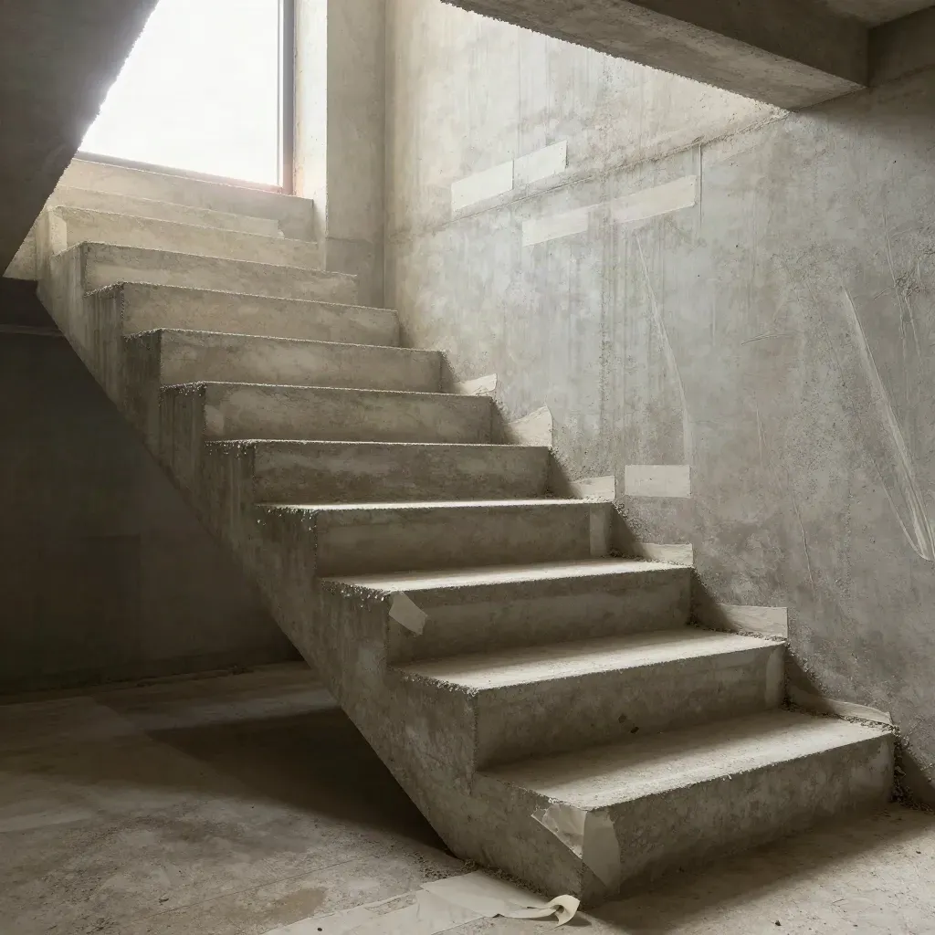 Noyau d’escalier brut traversé de points lumineux et de poussière, vu depuis un palier.