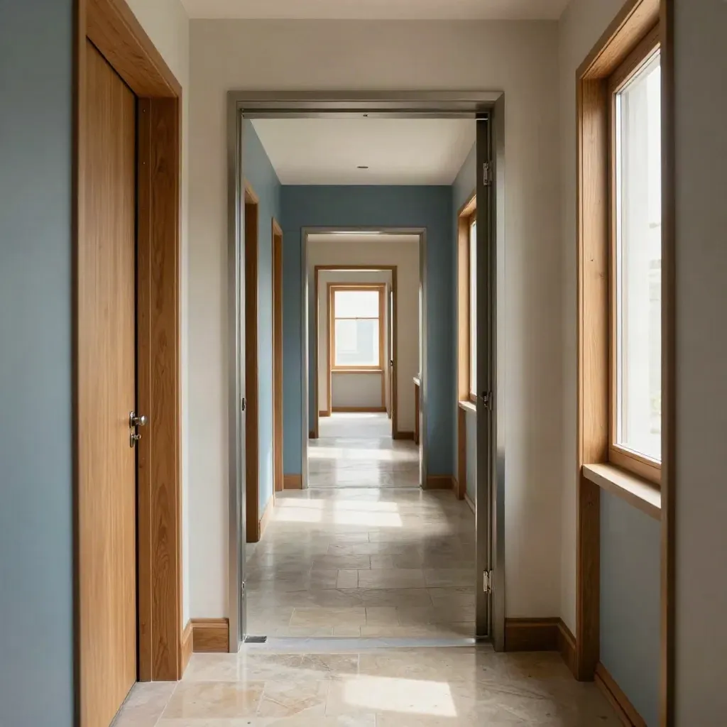 Couloir intérieur lumineux avec portes ouvertes, sol réfléchissant et lumière douce d’après-midi.