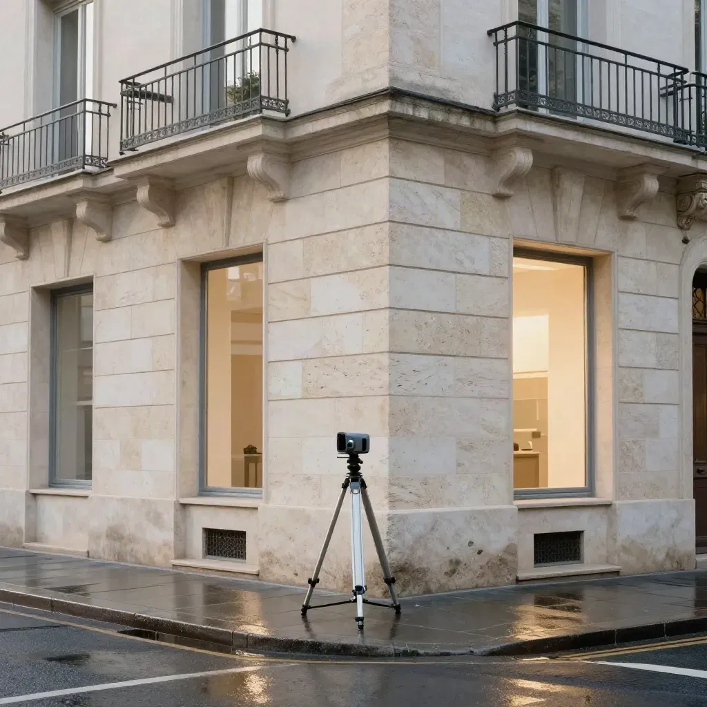 Façade en pierre relevée au scanner sur trottoir humide, vue très basse depuis l’angle.