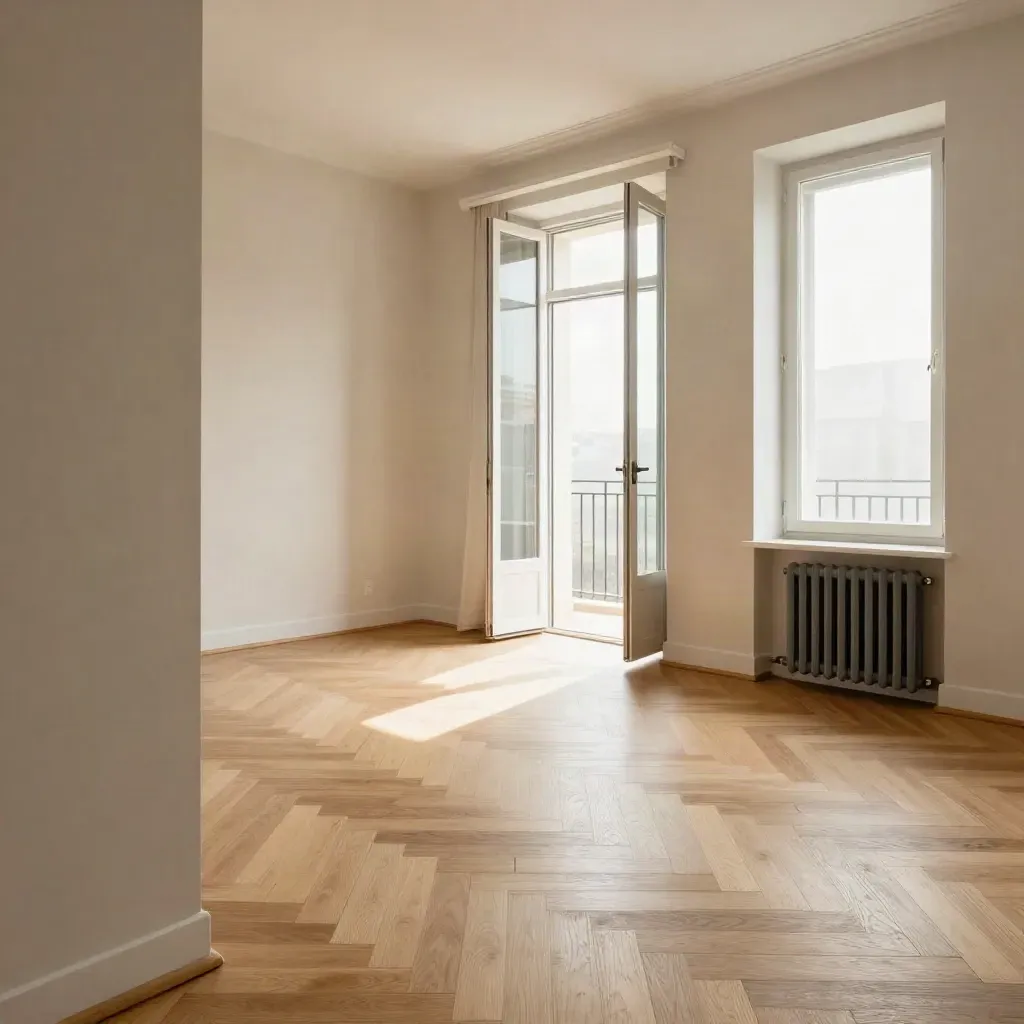 Appartement vide avec balcon ouvert, parquet clair et lumière de fin de matinée.