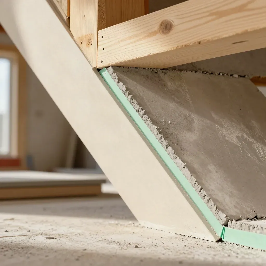Mur rénové en gros plan, poutre apparente, angle diagonal net, poussière de chantier et touche menthe.