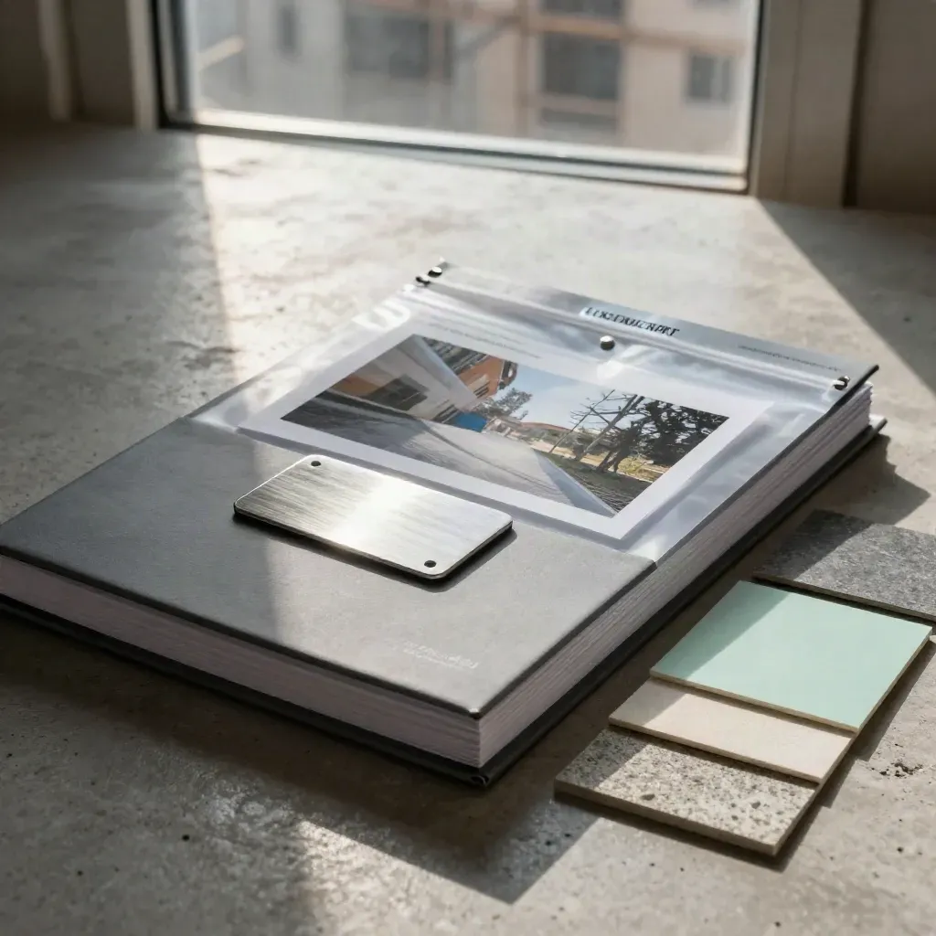 Dossiers de chantier fermés, échantillons de matière et pochette scellée sur une table de chantier.