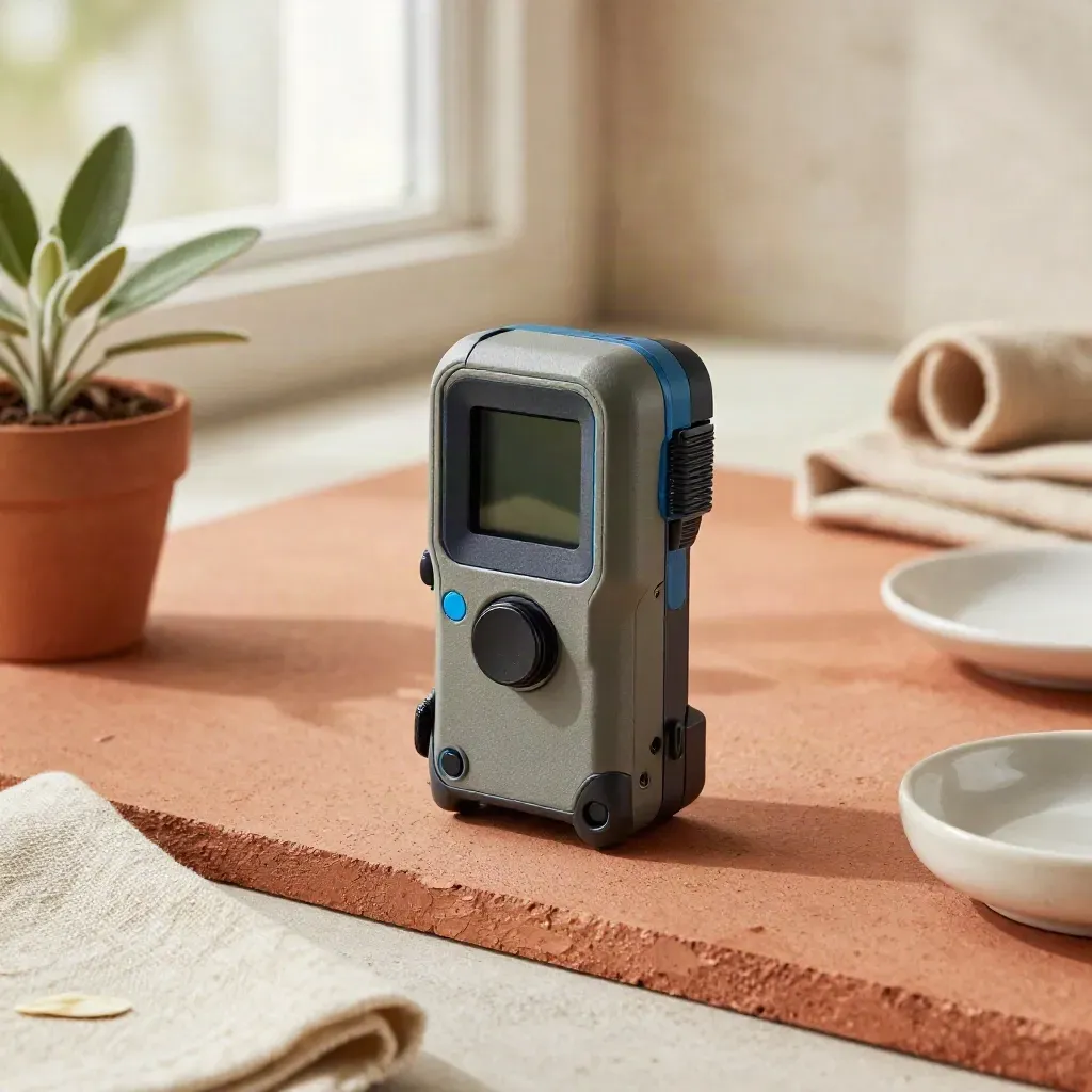 Télémètre laser compact, plante, linge plié et coupelle en céramique sur une dalle terracotta.