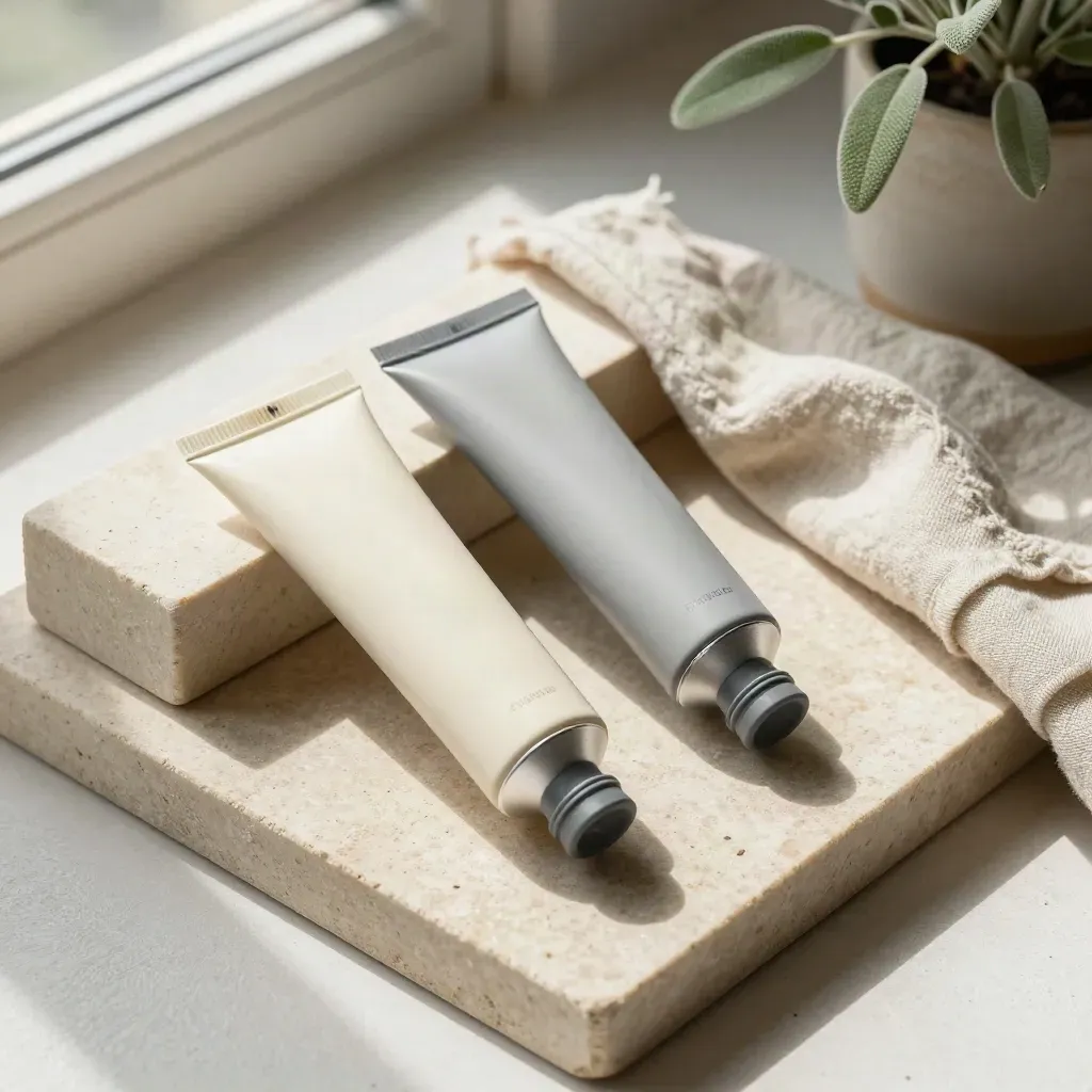 Deux tubes de plans, bloc de pierre, lin et petite plante sur une dalle claire.