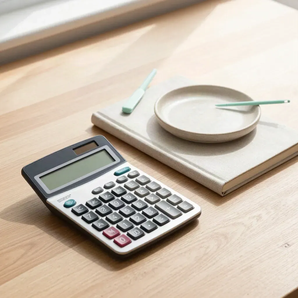 Calculatrice graphite, carnet fermé et coupelle sur bois clair, lumière douce.