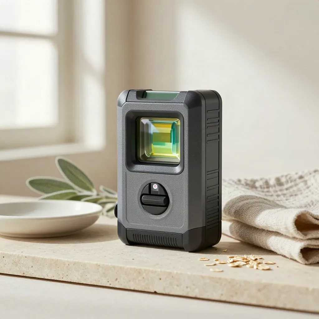Laser niveau compact, coupelle en céramique, linge plié et petite plante sur pierre claire.