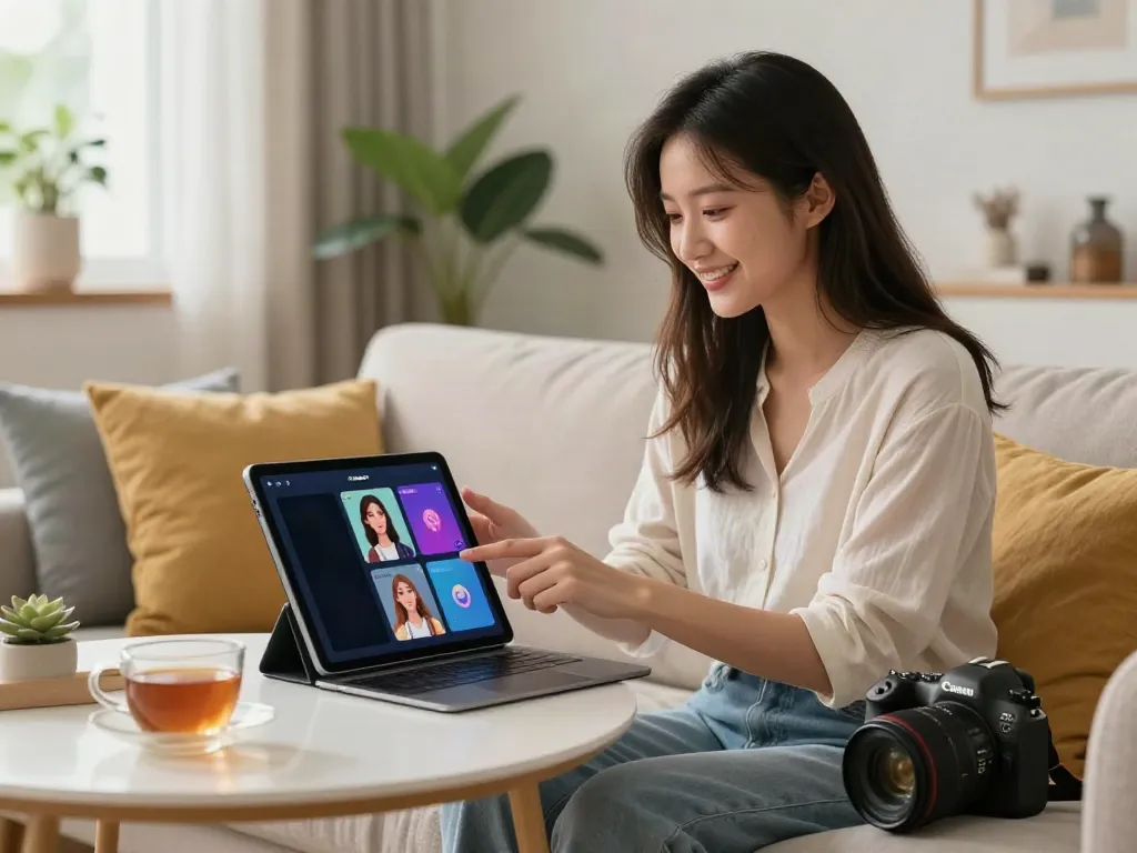 Young woman interacting with her AI gf on a tablet in a cozy living room.